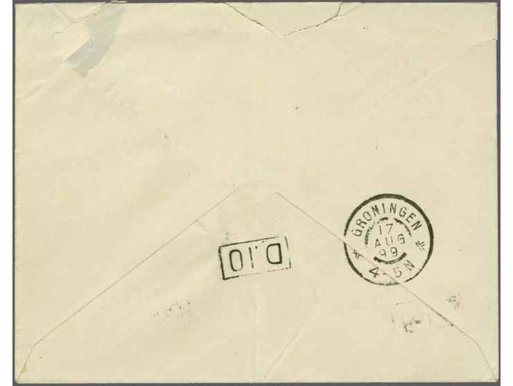 5 cent blauw tanding 11½ x 12 grote gaten en Hangend Haar 5 cent blauw op envelop van Amersfoort 17-8-1899 naar Groningen, pr
