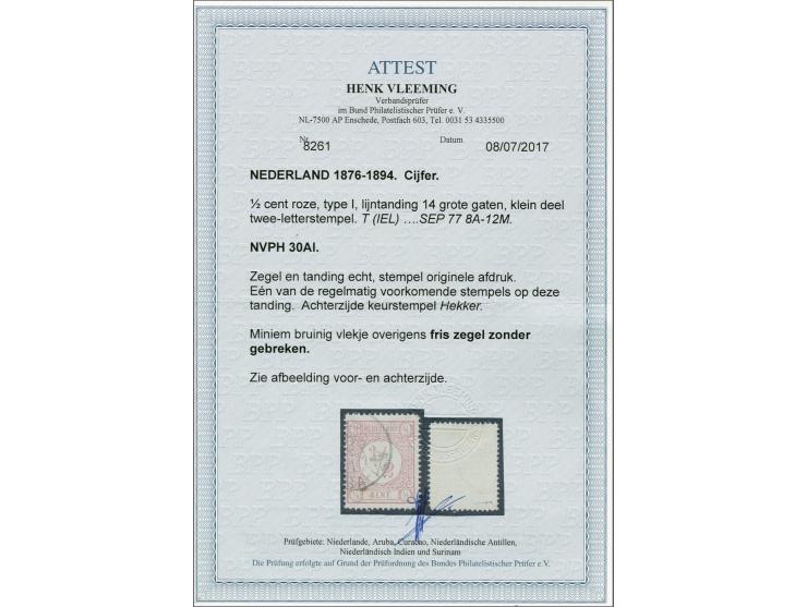 ½ cent roze tanding 14 grote gaten in type I, pracht ex. (uiterst miniem bruin vlekje) gesigneerd Hekker en met certificaat V