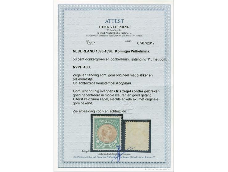 50 cent groen en bruin tanding 11, pracht ex. gesigneerd Koopman en met certificaat Vleeming 2017: Gom licht bruinig, overige