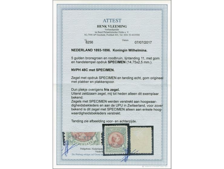 5 gulden bronsgroen en roodbruin met opdruk Specimen, vrijwel pracht ex. (miniem dun plekje) met certificaat Vleeming 2017. V