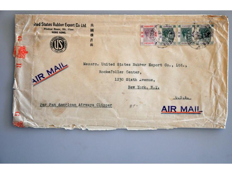 George VI, $ 5 dull lilac and scarlet and $ 10 green and violet (3x) making a $ 35 franking on Pan American Airways Clipper a