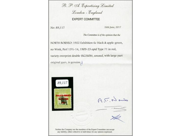 Malaya-Borneo Exhibition 1922 6c. black and apple-green with the error overprint double, a very fine unused ex. with large pa