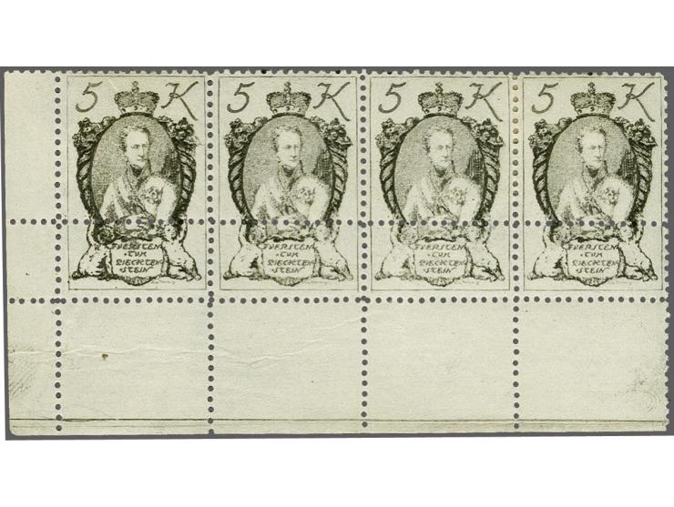 Fürst Johann I 5 kronen grijszwart in randstrip van 4 met extra perforatie, 1 ex. achterzijde zwarte vlek