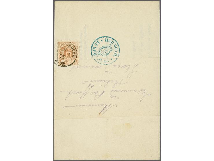 1 cent. bruinoranje op drukwerk (uitnodiging bal Harmonie Societé Chorale) met wikkel Luxembourg 1875, vrijwel pracht ex.