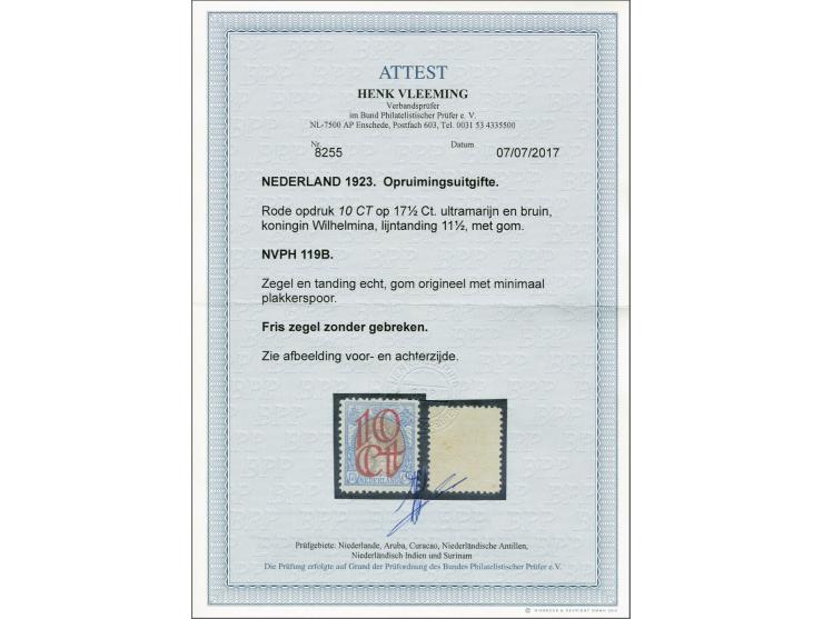 Opruimingsuitgifte 10 op 17½ cent ultramarijn en bruin tanding 11½, pracht ex. met certificaat Vleeming 2017: Zegel en tandin