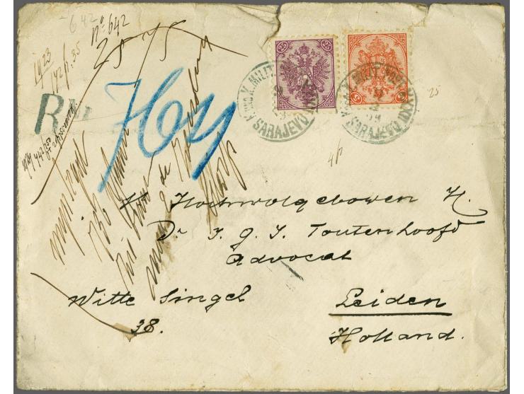 Doppeladler in boekdruk 5 kreuzer rood en 25 kreuzer violet op aangetekende envelop van Sarajevo 9-2-1899 naar Leiden, fraai 
