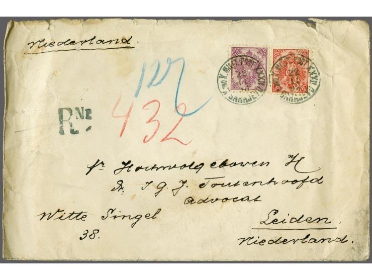 Doppeladler in boekdruk 5 kreuzer rood en 25 kreuzer lila op aangetekende envelop van Sarajevo 22-11-1899 naar Leiden, fraai 
