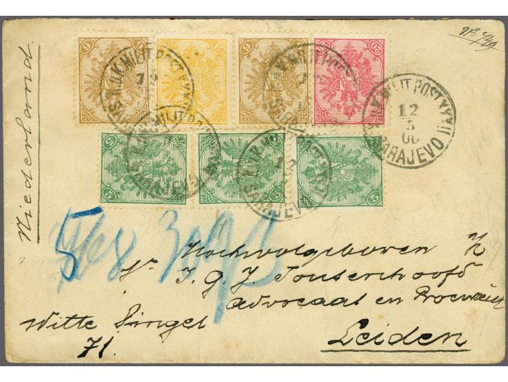 Doppeladler 3 heller geel, 5 heller groen (3x), 6 heller bruin (2x) en 20 heller rose op envelop (met originele inhoud) van S