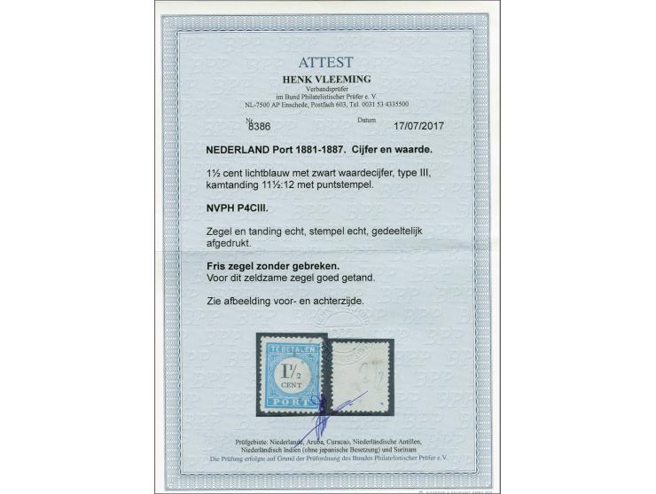 1½ cent lichtblauw tanding 11½ x 12 type III, pracht ex. met certificaat Vleeming 2017, cat.w. 1250