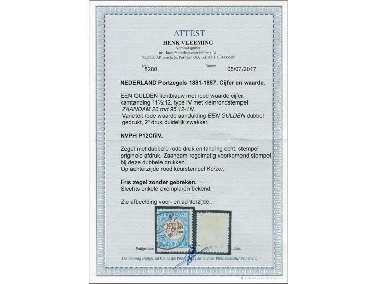 1 gulden lichtblauw tanding 11½ x 12 type IV met variëteit een gulden dubbel gedrukt, pracht ex. gesigneerd Keiser en met cer