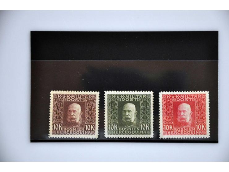 getande kleurproeven Franz-Joseph 10 kronen in bruinlila, olijfgroen en karmijn, pracht ex.