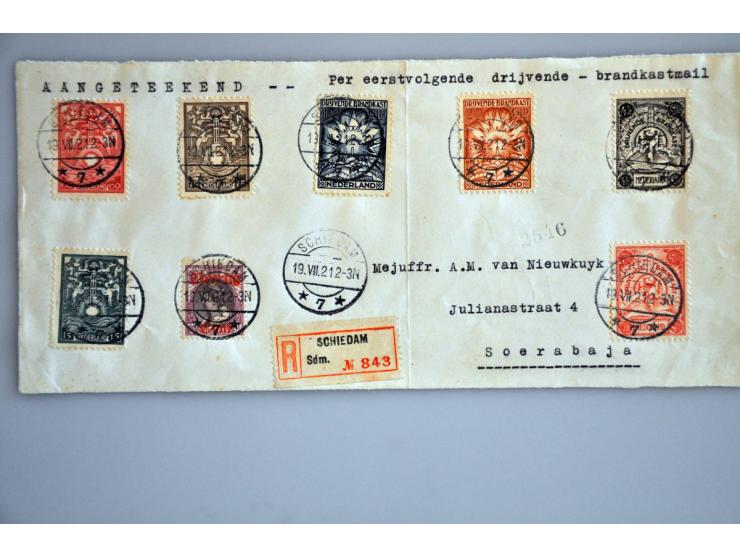 15 cent t/m 7½ gulden op aangetekende filatelistische briefvoorzijde van Schiedam 19-7-1921 naar Soerabaja, pracht ex. met ce
