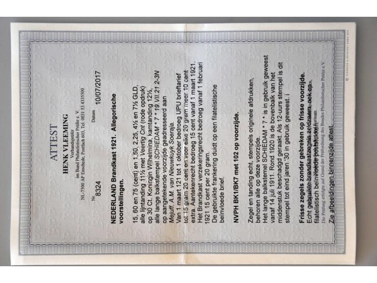 15 cent t/m 7½ gulden op aangetekende filatelistische briefvoorzijde van Schiedam 19-7-1921 naar Soerabaja, pracht ex. met ce