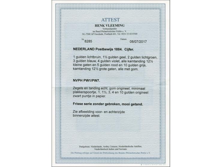 Postbewijs 1 t/m 10 gulden, pracht ex. (enkele waarden originele zwarte puntjes in papier) met certificaat Vleeming 2017, cat