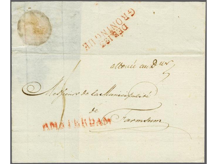 Briefomslag van Amsterdam 4-7-1812 (?) naar Farmsum met op achterzijde Déb.123 Groningue in rood, pracht ex.