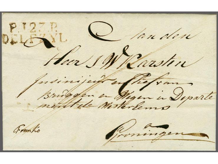 Complete brief 17-9-1812 (?) naar Groningen met departementstempel P.123 P. Delfzyl in roodachtig zwart, zeer fris pracht ex.