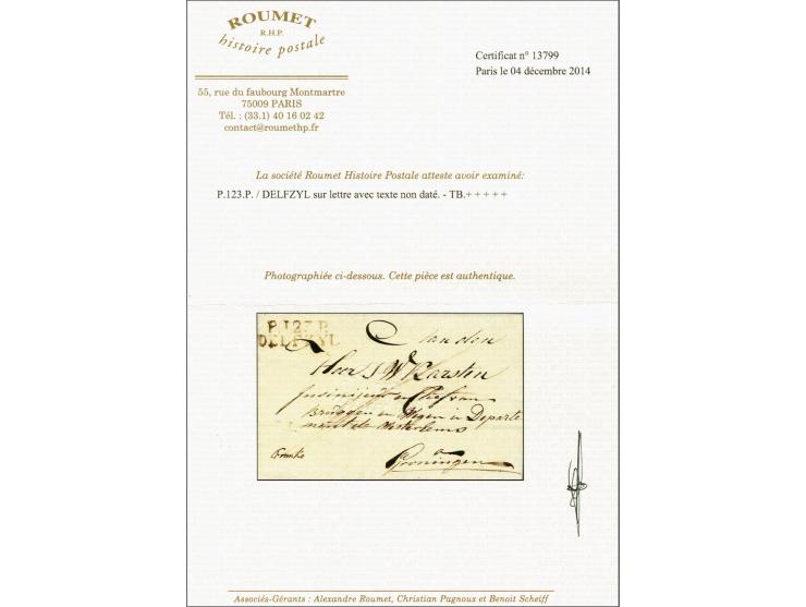 Complete brief 17-9-1812 (?) naar Groningen met departementstempel P.123 P. Delfzyl in roodachtig zwart, zeer fris pracht ex.