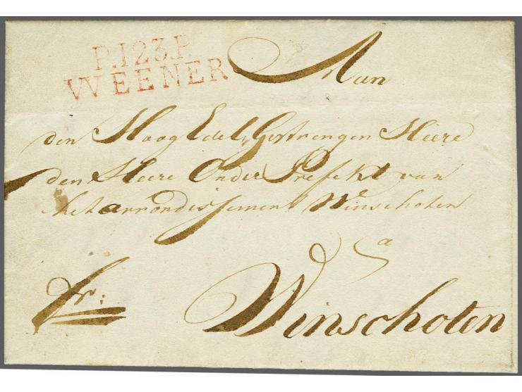 Complete vouwbrief met P.123.P. Weener in rood 4-1-1813 naar Winschoten, pracht ex.