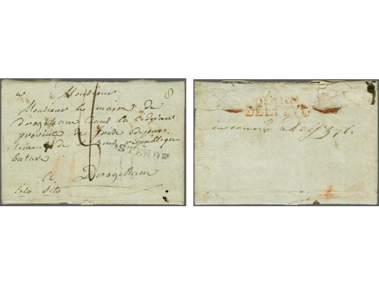 Complete dichtgeplakte vouwbrief met stempel Déb. 123 Delfzyl van Oostende naar Drogeham doch per abuis eerst bezorgd in Delf