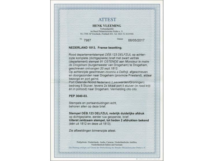 Complete dichtgeplakte vouwbrief met stempel Déb. 123 Delfzyl van Oostende naar Drogeham doch per abuis eerst bezorgd in Delf
