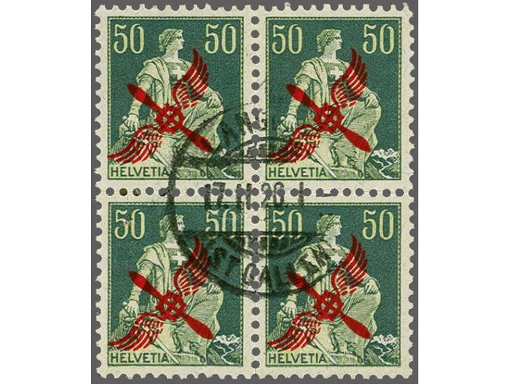 Luchtpost 50 centimes groen in blok van 4 met centraal stempel Langenau 17-2-1920, pracht ex., cat.w. CHF 1400