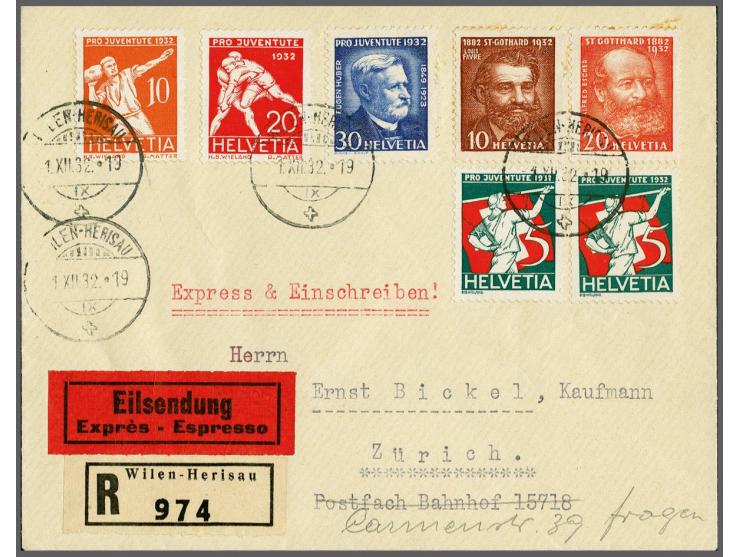 Pro Juventute 5 t/m 30 centimes met 1e-dagstempel Herisau 1-12-1932 op aangetekende expresse-envelop naar Zürich, pracht ex.,
