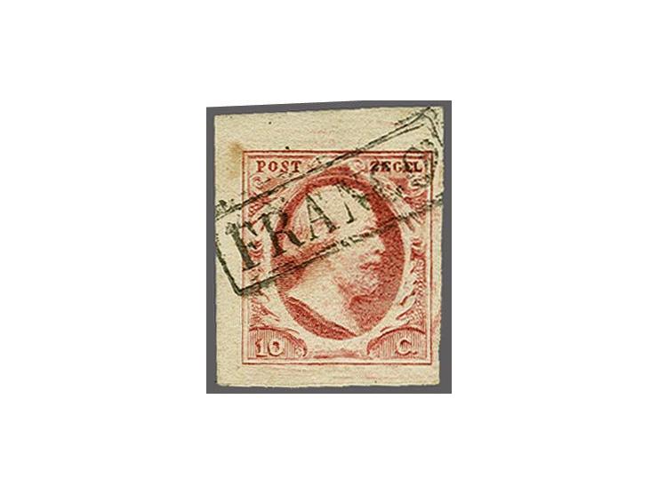 10 cent karmijnroze plaat VIII pos. 51 met hoekvelrand, pracht ex. (miniem vlekje voorzijde)