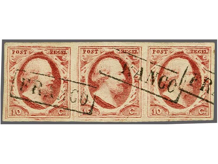 10 cent karmijnroze plaat IX pos. 68-70 in strip van 3, pracht ex.