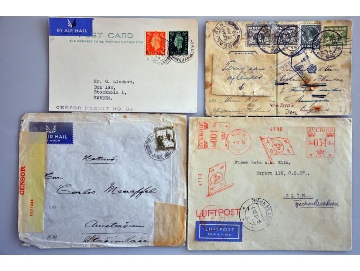22 luchtpoststukken 1935-1940 diverse landen, veel censuur w.b. (gevlekte) briefkaart 3 cent (8 cent bijfrankering) Deventer 