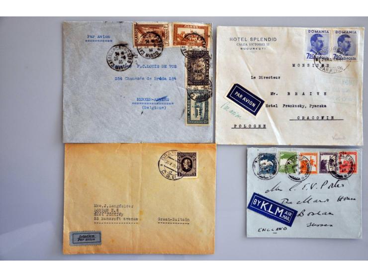 22 luchtpoststukken 1935-1940 diverse landen, veel censuur w.b. (gevlekte) briefkaart 3 cent (8 cent bijfrankering) Deventer 