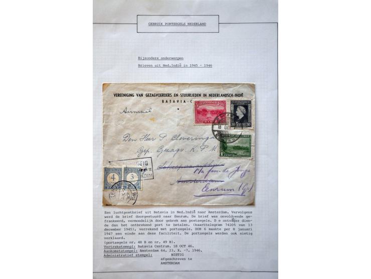 22 luchtpostenveloppen 1945-1948 naar Nederland, ongefrankeerd en met port belast w.b. 30 cent port (verschillende combinatie