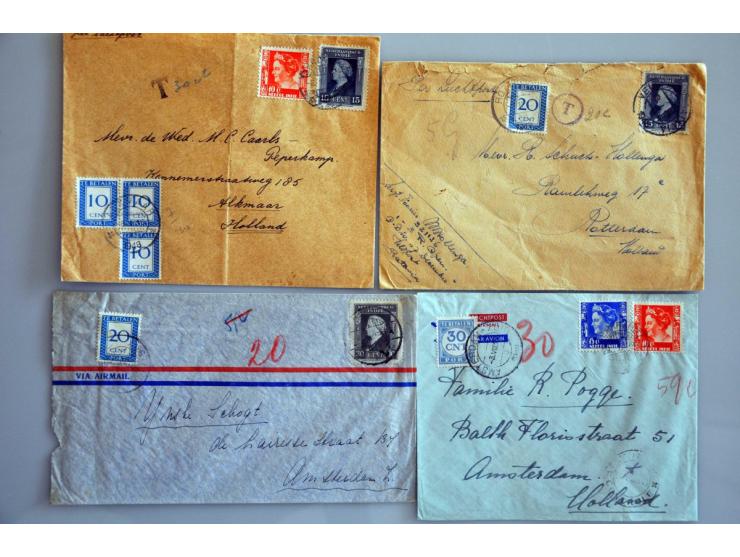 22 luchtpostenveloppen 1945-1948 naar Nederland, ongefrankeerd en met port belast w.b. 30 cent port (verschillende combinatie