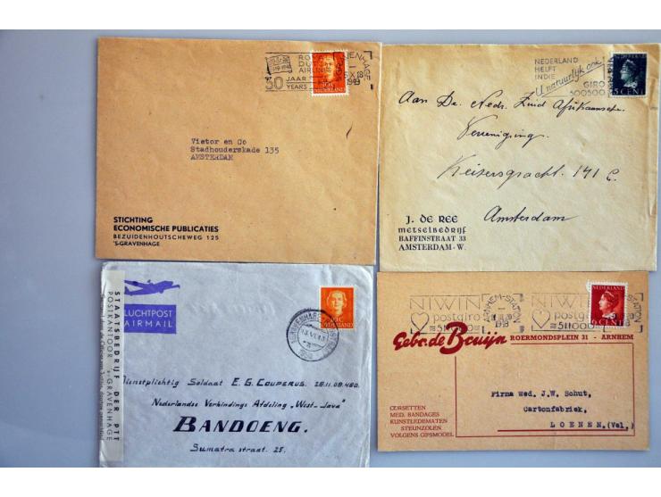 29 luchtpostenveloppen 1946-1948 naar Nederland, USA, etc. diverse stempels w.b. noodstempels en frankeringen tot. fl.5,35, e