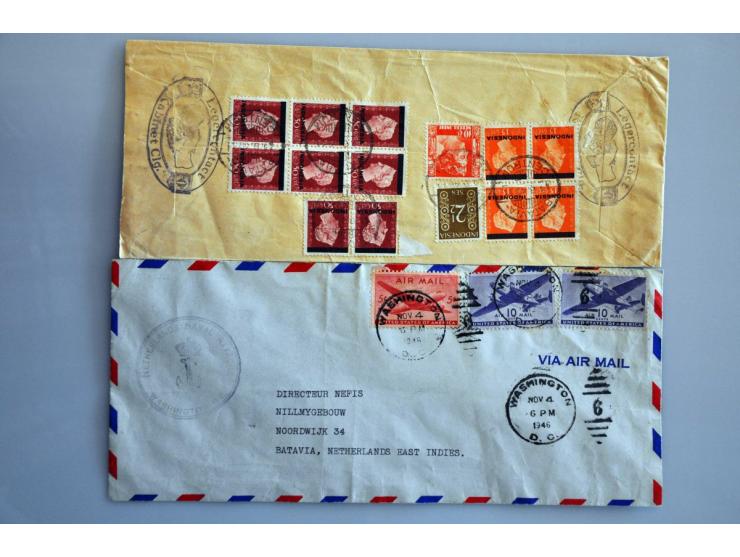 29 luchtpostenveloppen 1946-1948 naar Nederland, USA, etc. diverse stempels w.b. noodstempels en frankeringen tot. fl.5,35, e