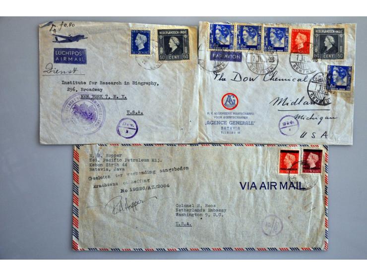 29 luchtpostenveloppen 1946-1948 naar Nederland, USA, etc. diverse stempels w.b. noodstempels en frankeringen tot. fl.5,35, e
