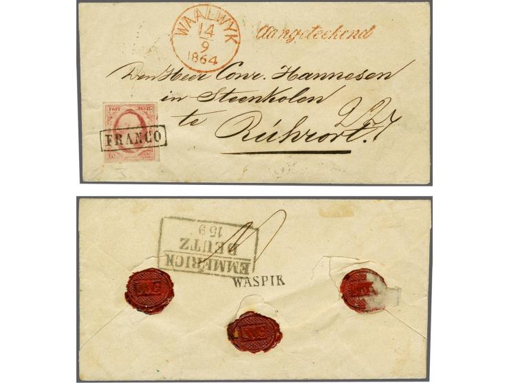 10 cent rood plaat X op dun papier op aangetekende envelop (cursief stempel in rood voorzijde) van Waspik (langstempel achter