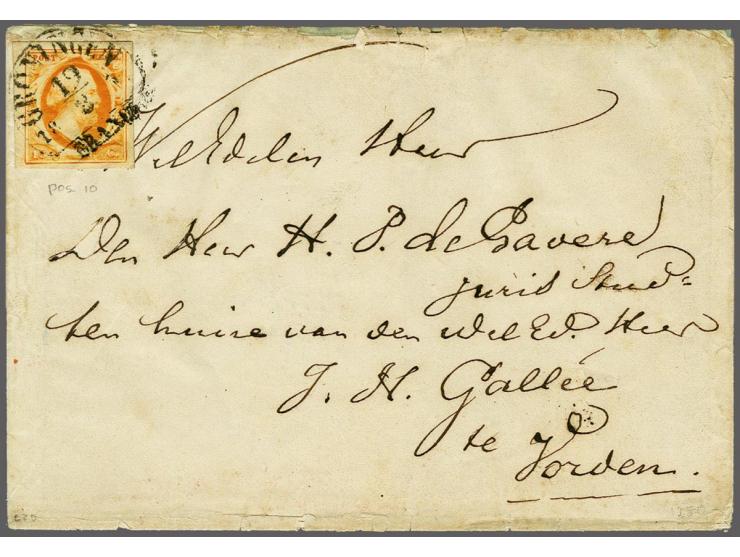 15 cent donkeroranje pos. 10 op briefomslag van Groningen 19-8-1853 (?) naar Vorden, pracht ex.