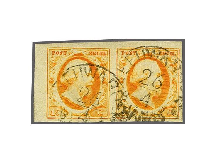 15 cent donkeroranje pos. 26-27 in paar met velrand met Leeuwarden C groot (Ey 150), pracht ex.