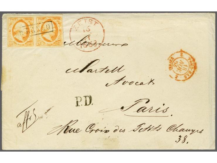 15 cent oranjegeel pos. 49-50 in paar op envelop van Zeist 16-11-1863 via Valenciennes naar Parijs, fris pracht ex. (envelop 
