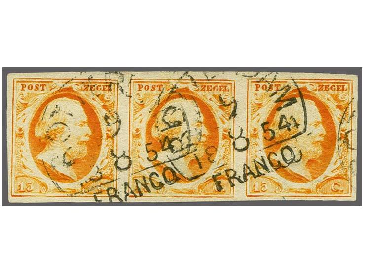 15 cent donkeroranje pos. 67-69 in strip van 3, pracht ex. gesigneerd Pfenninger