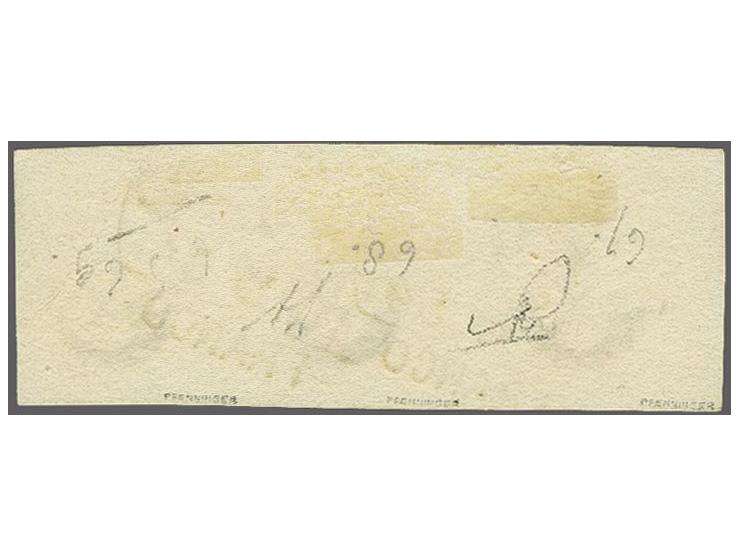 15 cent donkeroranje pos. 67-69 in strip van 3, pracht ex. gesigneerd Pfenninger