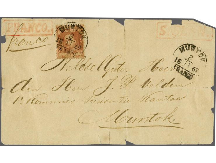 Muntok (Voerman 175) op 10 cent karmijnrood op lokale briefvoorzijde 8-11-1869, pracht ex.