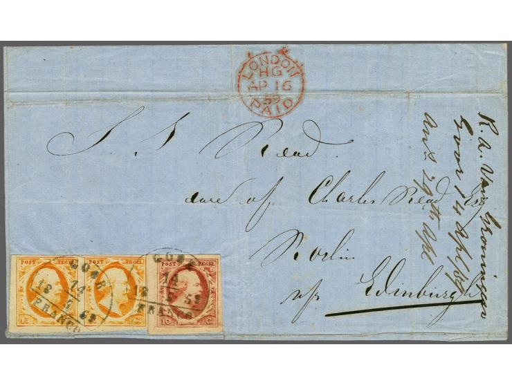 Goor B (Ey 175+175) op 10 cent rood plaat V en 15 cent donkeroranje in paar op briefomslag 14-4-1859 via Londen naar Edinburg