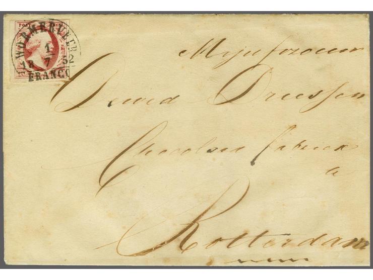Wormerveer B (Ey 50) op 10 cent karmijn plaat I pos. 66 op briefomslag 1-7-1852 naar Rotterdam, pracht ex. (binnenzijde iets 