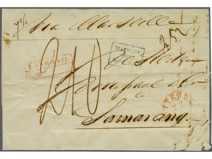Landmailstempel in rood op vouwbrief van Rotterdam 22-4-1852 over Marseille naar Samarang met portaangifte 210 (duiten), vrij