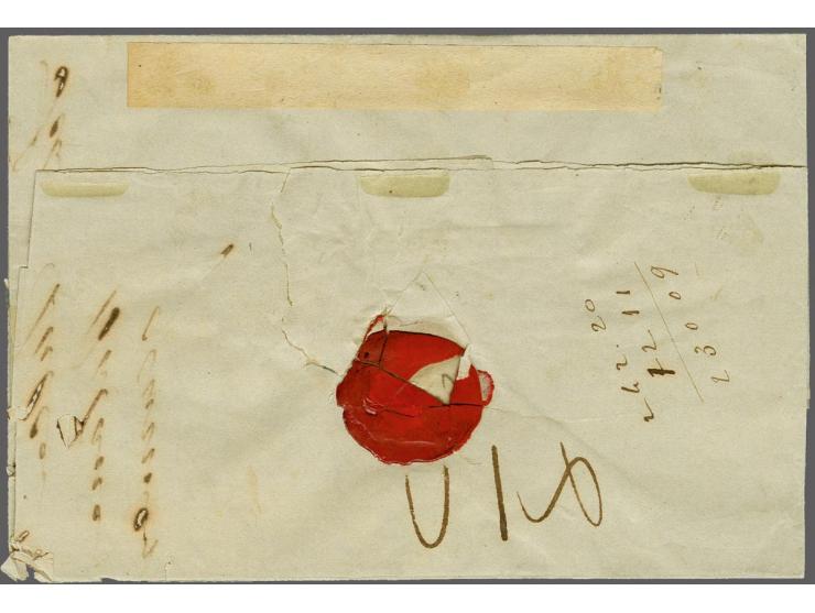 Landmailstempel in rood op vouwbrief van Rotterdam 22-4-1852 over Marseille naar Samarang met portaangifte 210 (duiten), vrij