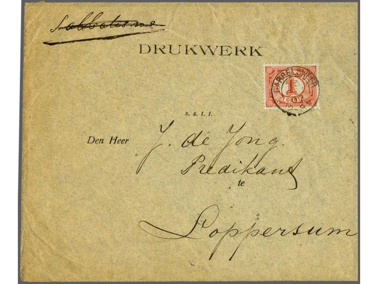 Garrelsweer op Cijfer 1 cent op drukwerkomslag 13-12-1907 naar Loppersum, pracht ex.