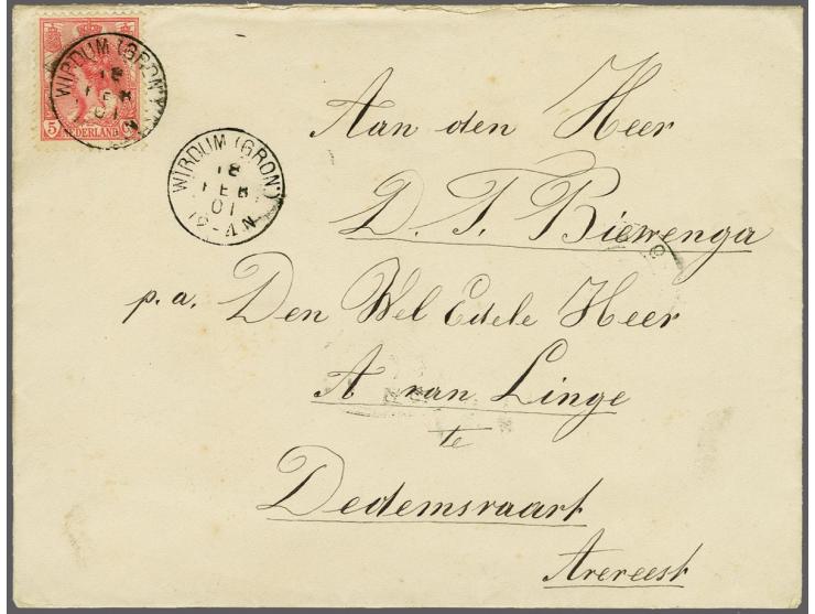 Wirdum (Gron:) op Bontkraag 5 cent op envelop 18-2-1901 naar Dedemsvaart, pracht ex.