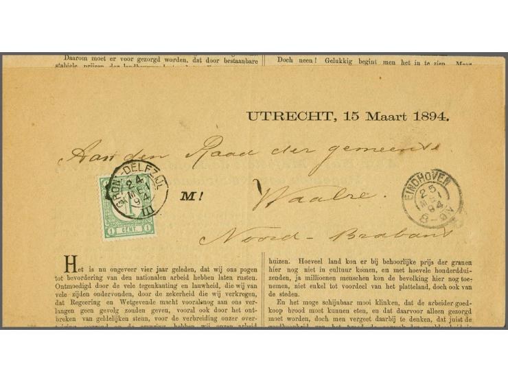 Gron:-Delfzijl op Cijfer 1 cent op drukwerkcirculaire 24-5-1894 naar Waalre, pracht ex.