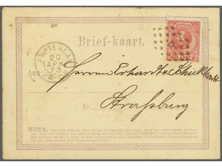Briefkaartformulier lila met Koning Willem III 10 cent van Amsterdam naar Duitsland 20 apr 73, pracht ex.